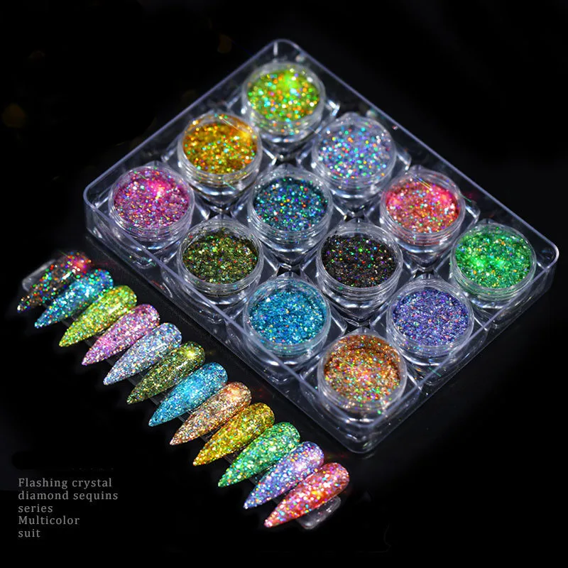 

12pcs/set Nail Glitter Powder Dust Iridescent Flakes Sequins Gold Silver Super Shining Paillette Nail Art Manicure Decorations