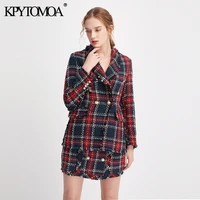 kpytomoa women 2021 fashion double breasted frayed check tweed blazers coat women vintage long sleeve female outerwear chic tops