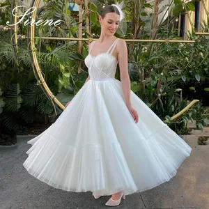 Sexy Short Wedding Dress Backless Spaghetti Straps Crystral Tea-Length Bride Gown With Soft Tulle Ro