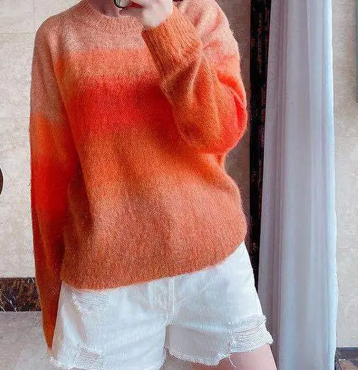 

Sweater 2021 Women Early Autumn New Gradient Rainbow Color Soft Waxy Mohair Small Loose Pullover Knitted Sweater