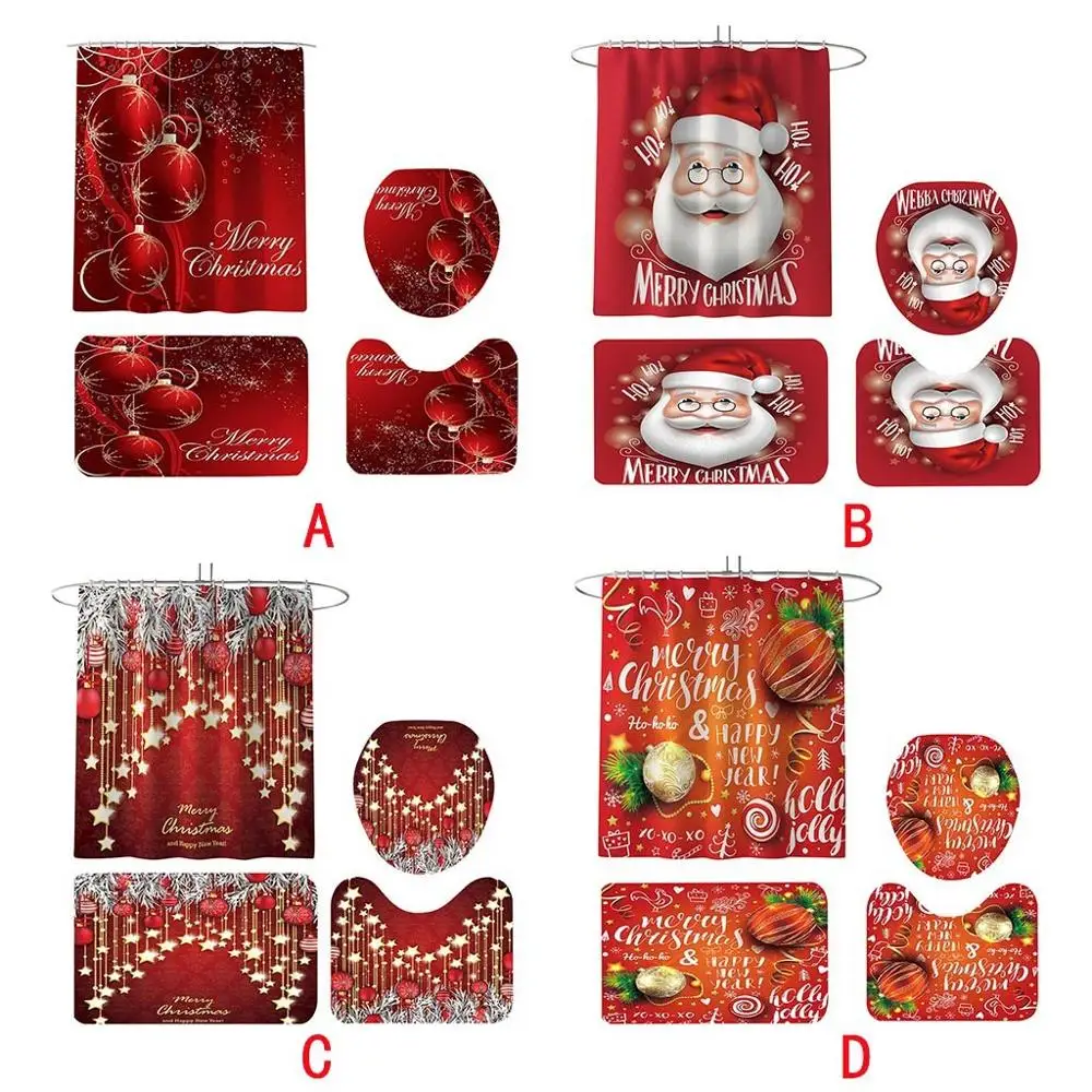 

Bathroom non-slip four-piece Christmas print shower curtain carpet floor mat toilet toilet mat bathroom curtain set 20N8