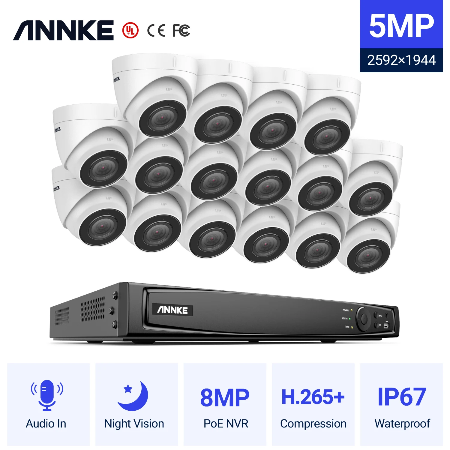 

ANNKE 16CH FHD 5MP POE Video Security System H.265+ 8MP NVR With 16X 5MP Weatherproof Surveillance POE Cameras With Audio Record
