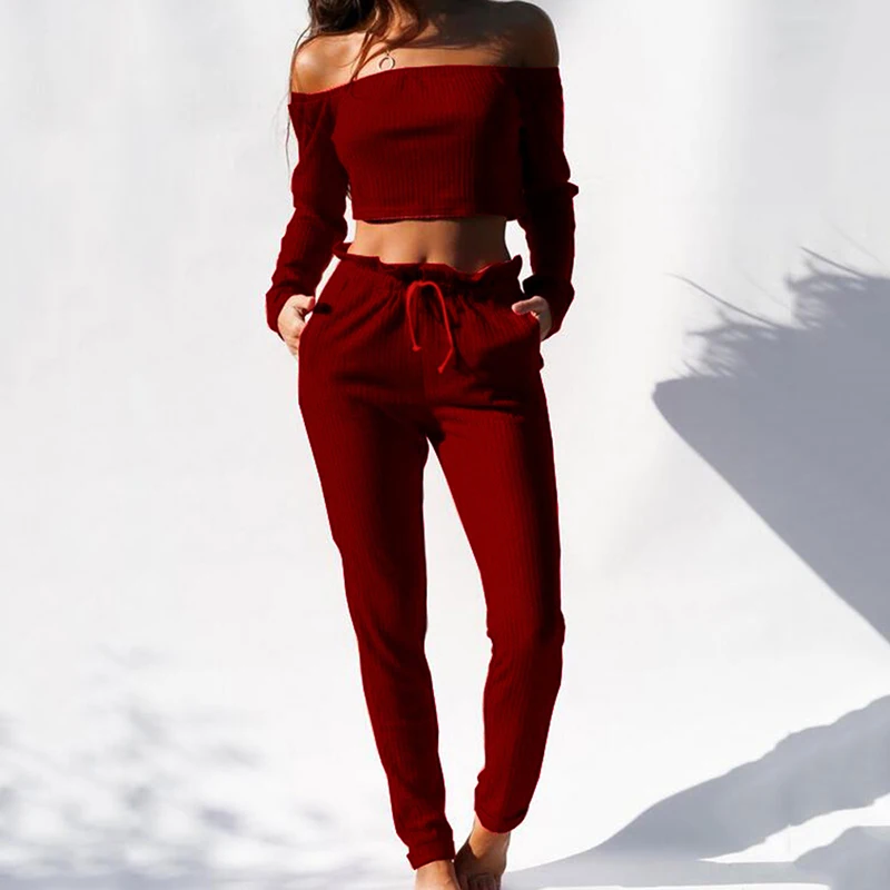 Women Sweater Set 2020 Summer One Shoulder Long Sleeve Red Dew Navel Pant Two Piece | Женская одежда