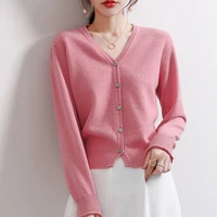 100 pure wool knitted cardigan womens 2021 spring autumn new v neck loose soft solid color basic casual all match simple top