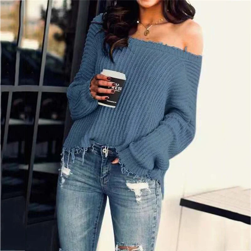 Slash Neck Solid Sweater With Tassel Women's Fashion Casual Slim Fit Long Sleeve Stripe V-neck Knitted Tops Blouse | Женская одежда