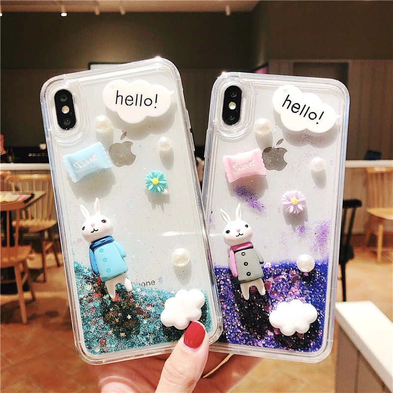 Cartoon Rabbit Epoxy TPU Cover For iPhone X 6 6S 7 8 plus Phone Case iphone XR XS Max Glitter Liquid Quicksand Back |