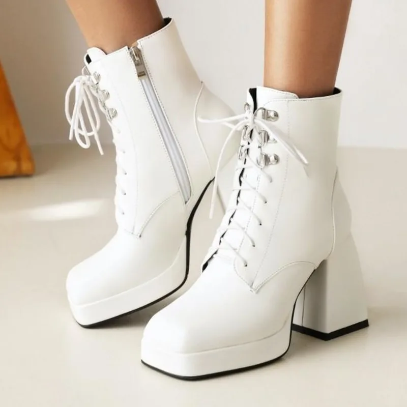 

Женские ботинки на высоком каблуке, водонепроницаемые ботинки на толстой платформе и шнуровке с квадратным носком, Осень-зима 2021