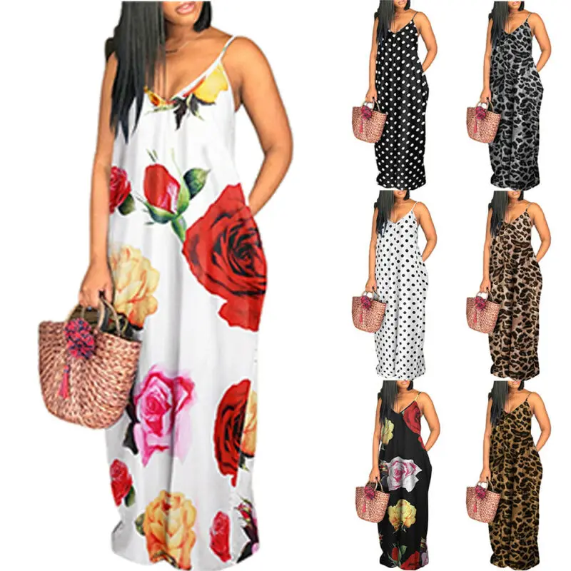 

Women's Dress Long Polka Dot Print Maxi Dress V-Neck Summer Casual Sleeveless Spaghetti Strap Dresses Women Clothing