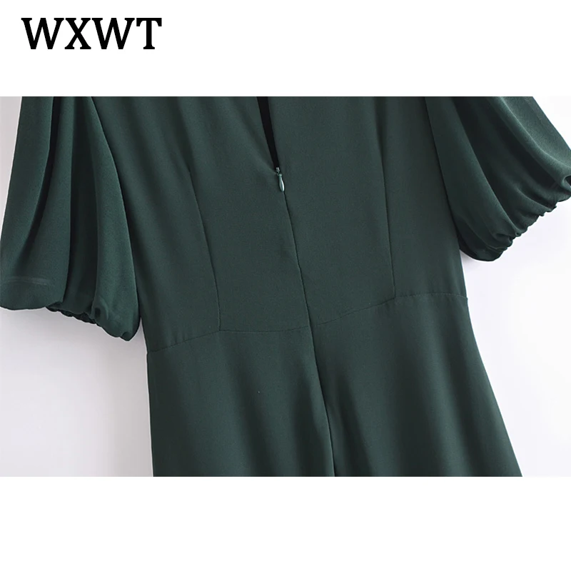 

WXWT Women French Vintage Solid Puff sleeve Slim Thin Dress Ladies Short Sleeve O Neck Summer Beach Long Dress Vestidos OM7103