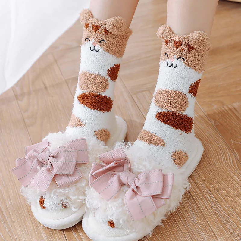 Winter Thick 1 Pair Women Socks Cat Embroided Cartoon Coral fleece Sweet Girl Cute Plush Fluffy Animal Sleep Home Boots Warm | Женская