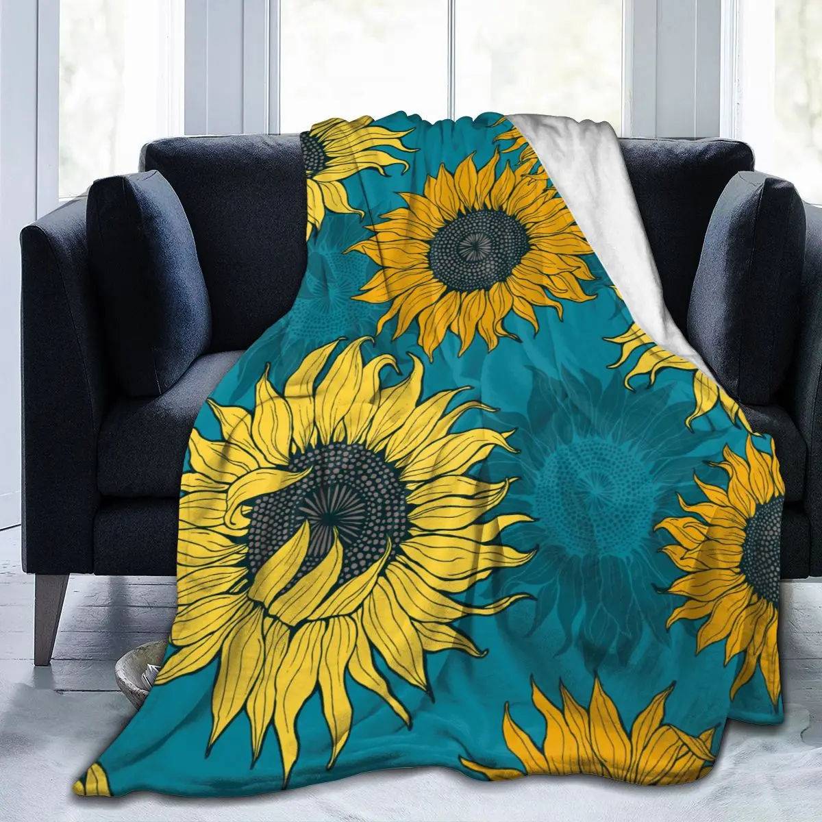 

Flannel Blanket Yellow Sunflowers Blue Light Thin Mechanical Wash Warm Soft Blankets Throw on Sofa Bed Travel Patchwork