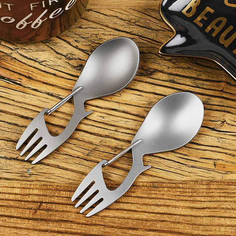 

Multi-Tool Titanium Construction Spork Multi-Function Spoon Fork Carabiner Bottle Opener Outdoor Camping Picnic Tableware