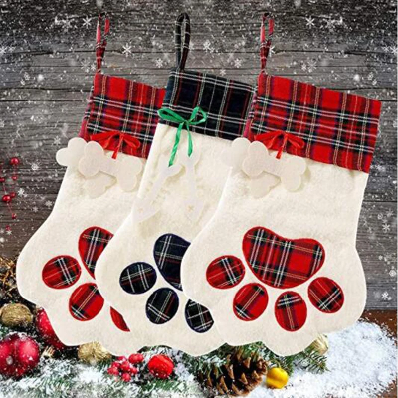 

20 шт./лот, рождественские чулки, Чулки в клетку для кошек и собак, подвесные носки для рождественской елки, праздничный Декор