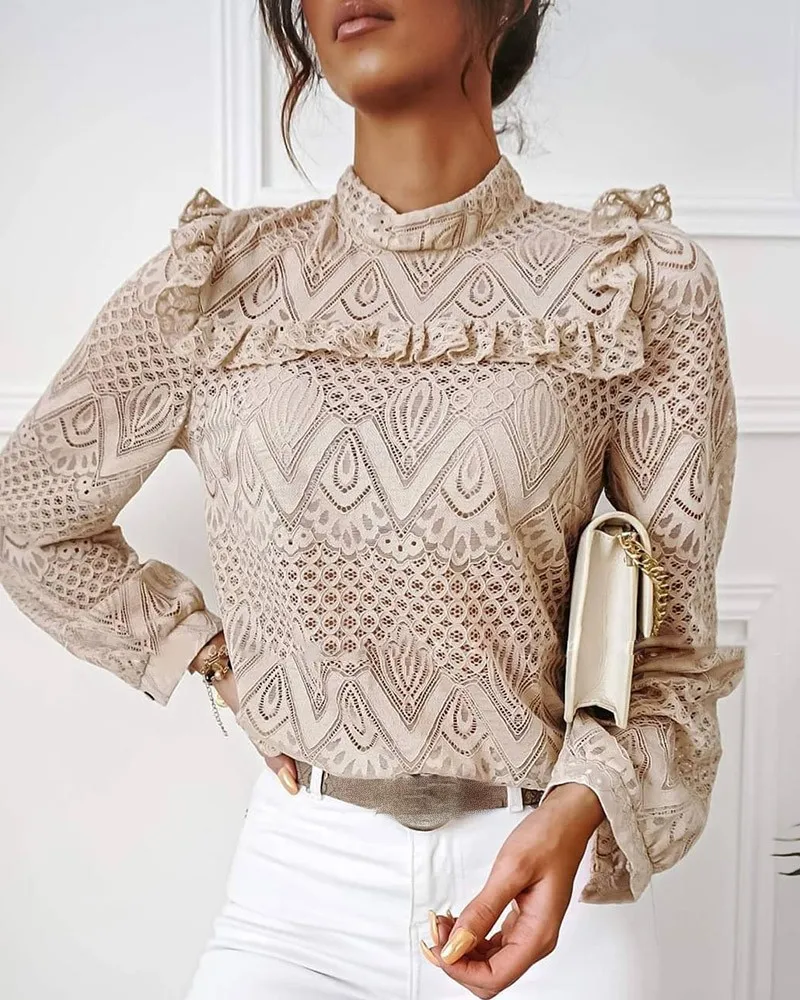 

Women's New Fall 2021 Fashion Lace Shirt Elegant Long Sleeve Top Fall Elastic Party Round Neck Floral Lotus Leaf Shoulder