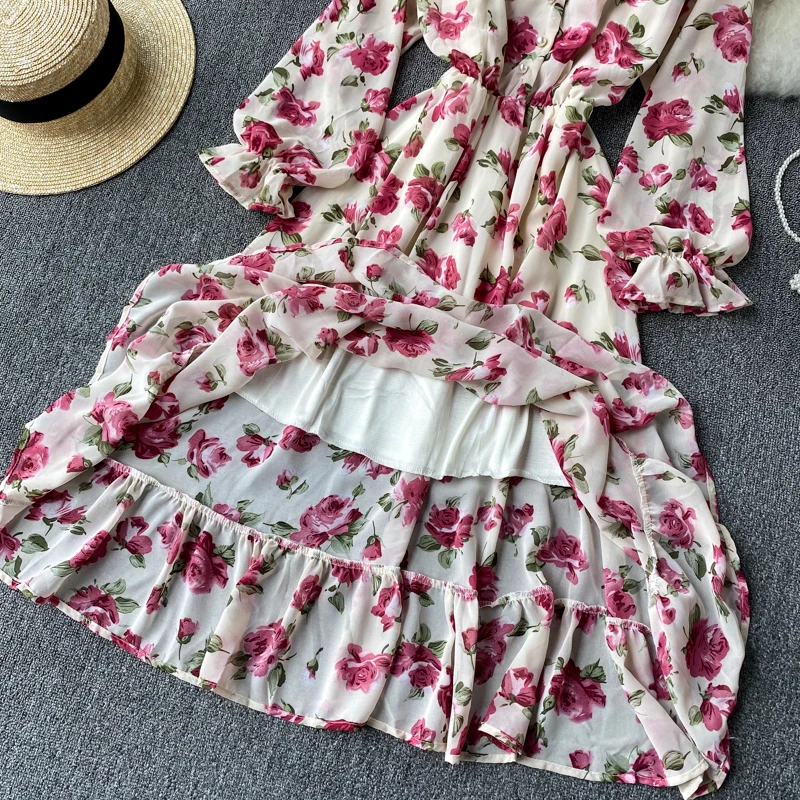 

Vintage Women Floral Midi Dress Casual V-Neck Single Breasted Flare Long Sleeve High Waist Vestidos Female 2021 Spring Autumn