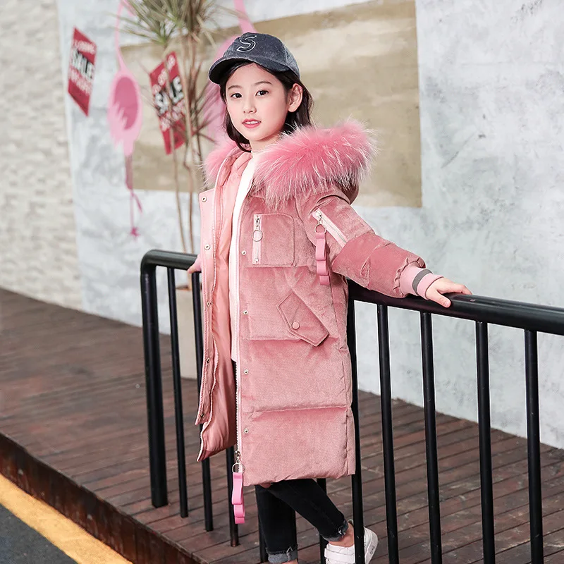 

Cold Winter Girls Warm Clothes 5-14year Infant Coat Kids Thicken Jacket Hooded Xmas Snowsuit Pink collars long Outerwear