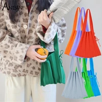 female wool knitting shoulder bags organ pleated drawstring handbag designer chic fold design ladylike shopping tote for women