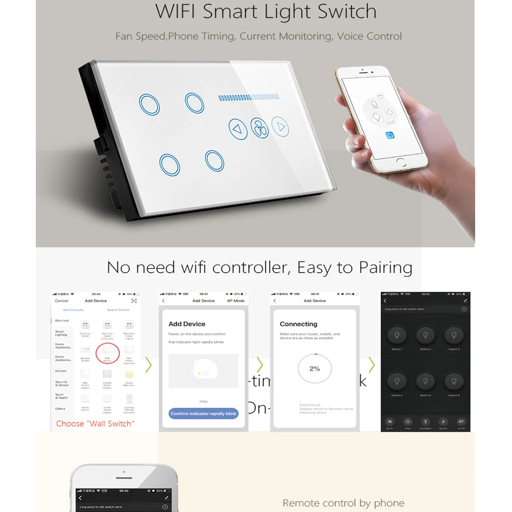 

4 Gang Wifi Smart Light Switch UK Crystal Glass Touch Panel Combo Intelligent Fan WIFI Smart Touch Switch for Alexa Google Home