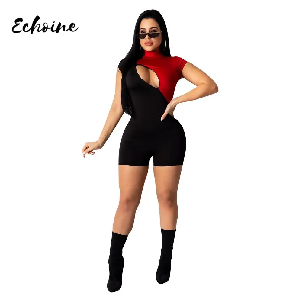 Женский Облегающий комбинезон на молнии с коротким рукавом и ложным воротником |