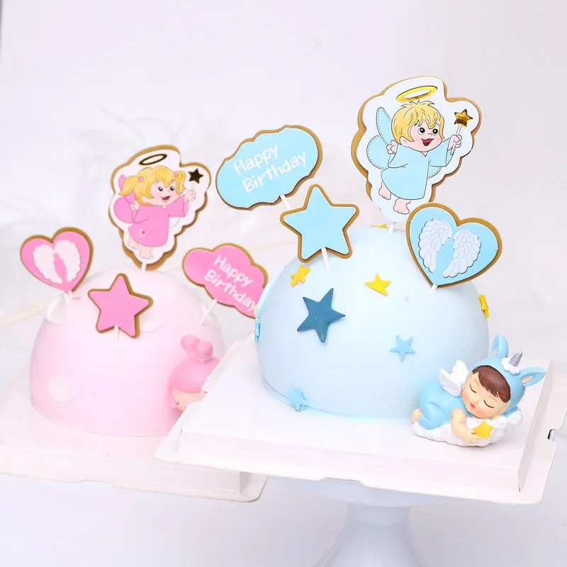 

4pcs Cake Decoration Cute Little Angel Birthday Cake Toppers Happy Birthday Girls&boys Card Cake Decoration Baking Supplies