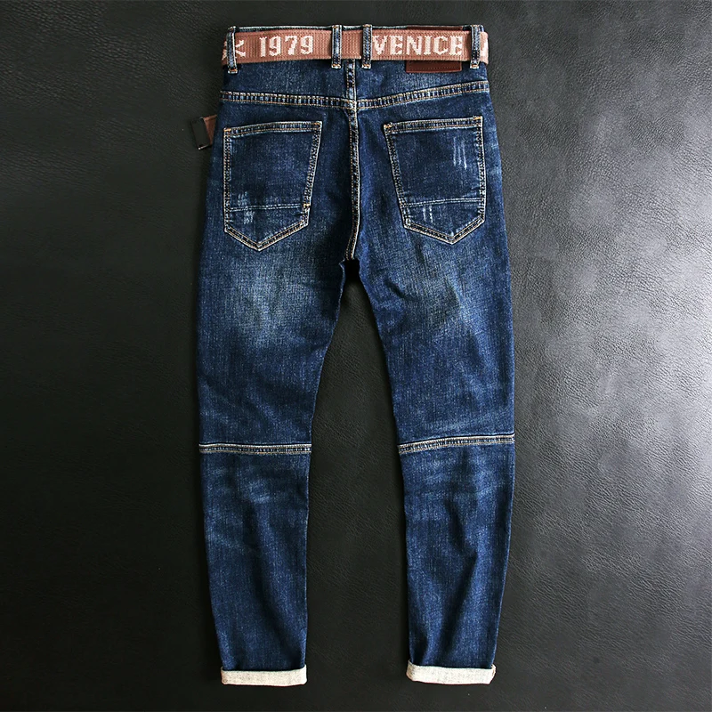 European American Street Fashion Men Jeans Retro Blue Elastic Slim Fit Biker Jeans Men Spliced Designer Hip Hop Denim Punk Pants