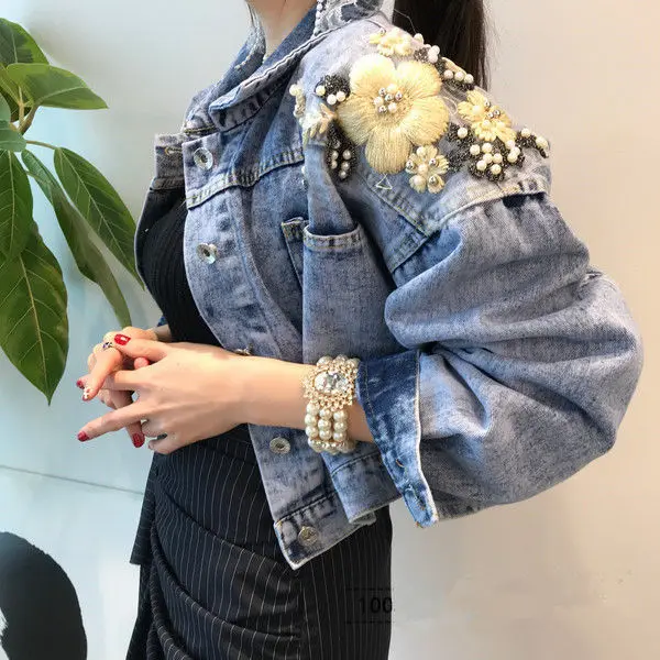 

Women Short High Waist Denim Cotton Jacket Female Beaded Embroidered Wide Short Coat Women's Top Spring Autumn 2021