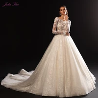 julia kui beauty embroidery a line wedding dress beading appliques lace backless o neck full sleeves bride gowns