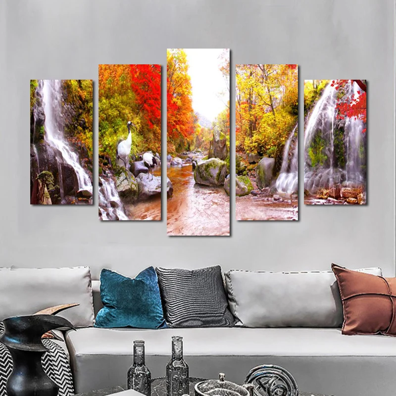 

5 Panels Waterfall Red Tree Posters And Prints Canvas Painting Wall Art Pictures For Living Room Autumn Landscape Home Decor