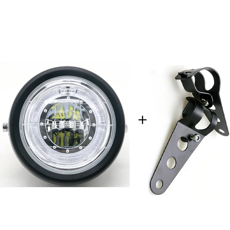 light and brackets Светодиодная фара для мотоцикла универсальный 7-ми дюймовый мотоцикл светодиодная фара DC 12V электрический скутер модный головной свет двигатель Ретро черный круглый светодиодный - Цвет: light and brackets