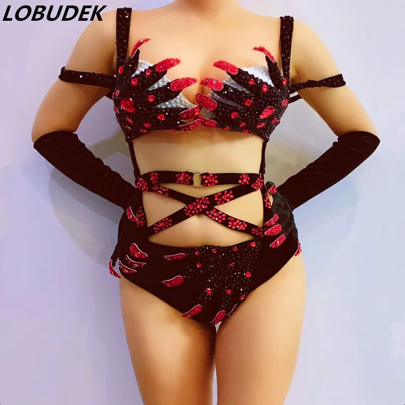Сексуальный костюм для бара черный красный стразы бикини бандажный боди