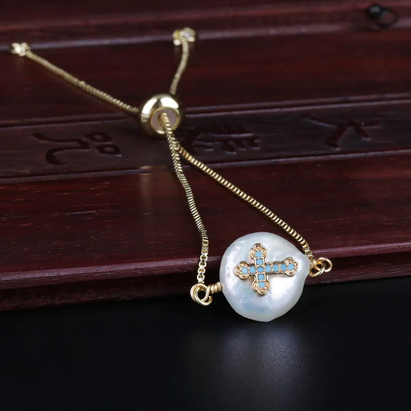 deep navy blue cz tiny cross religious charms freshwater pearl bead dainty gold link bracelet for women wedding birthday gift | Украшения и