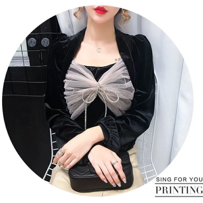 

Blouse Women Vintage Velvet Shirt Female Bow Gauzy Stitching Tops Blusas Ropa De Mujer