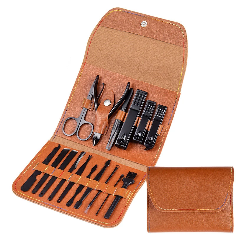 16Piece Manicure Profeesional Tool Pedicure Sets Steel Nail Clipper Trimming Scissor Cuticle Polished File Kit