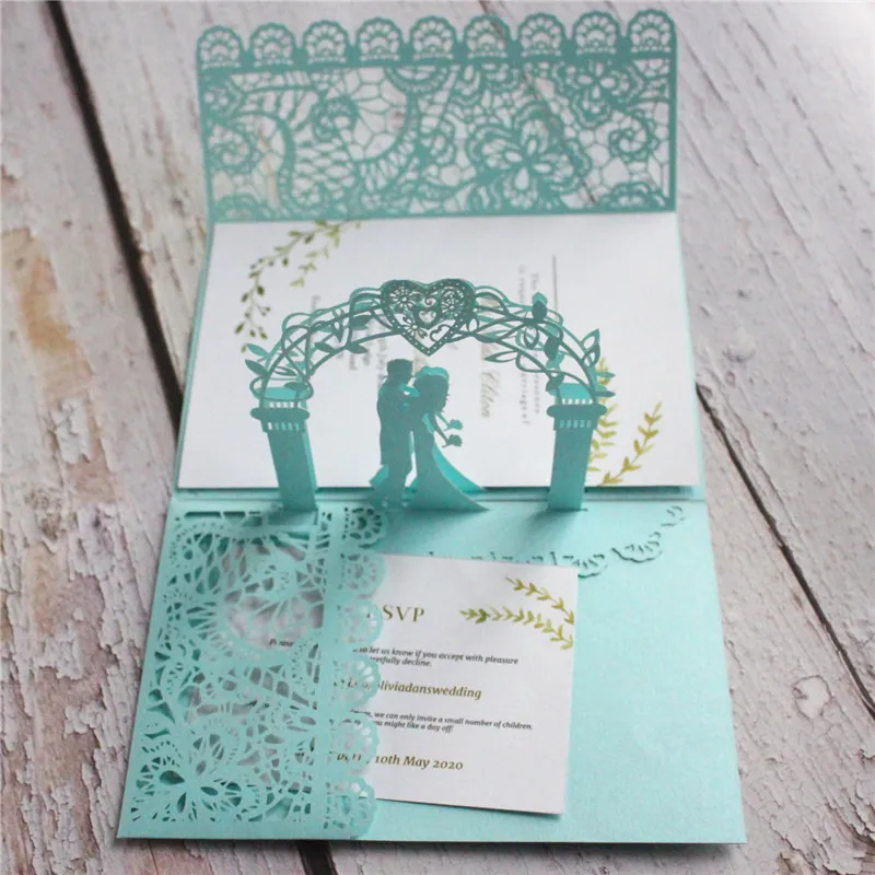 3D greeting wedding invitation card light blue grey floral couple laser cutting personalized invite RSVP card printing