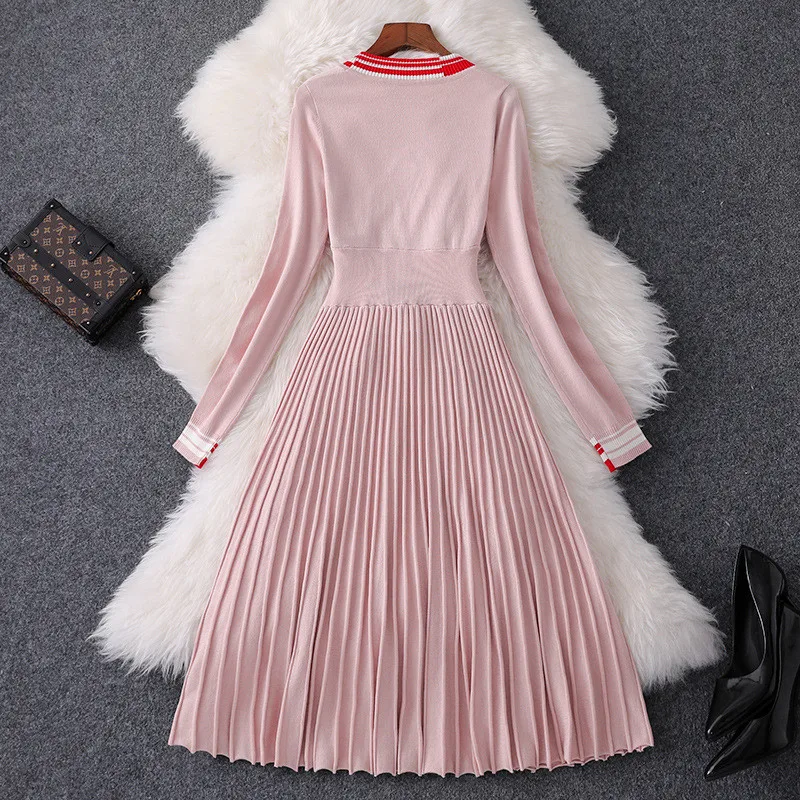 New Fashion Fall Winter Dress Woman Clothes 2019 Elegant Long Sleeve V Neck Lace Up Pleated Knitting Sweater Casual | Женская одежда
