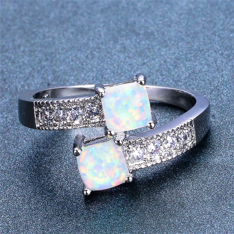 

Vintage Female White Blue Square Opal Jewelry Charm Silver Color Wedding Rings For Women Charm Round Crystal Engagement Ring
