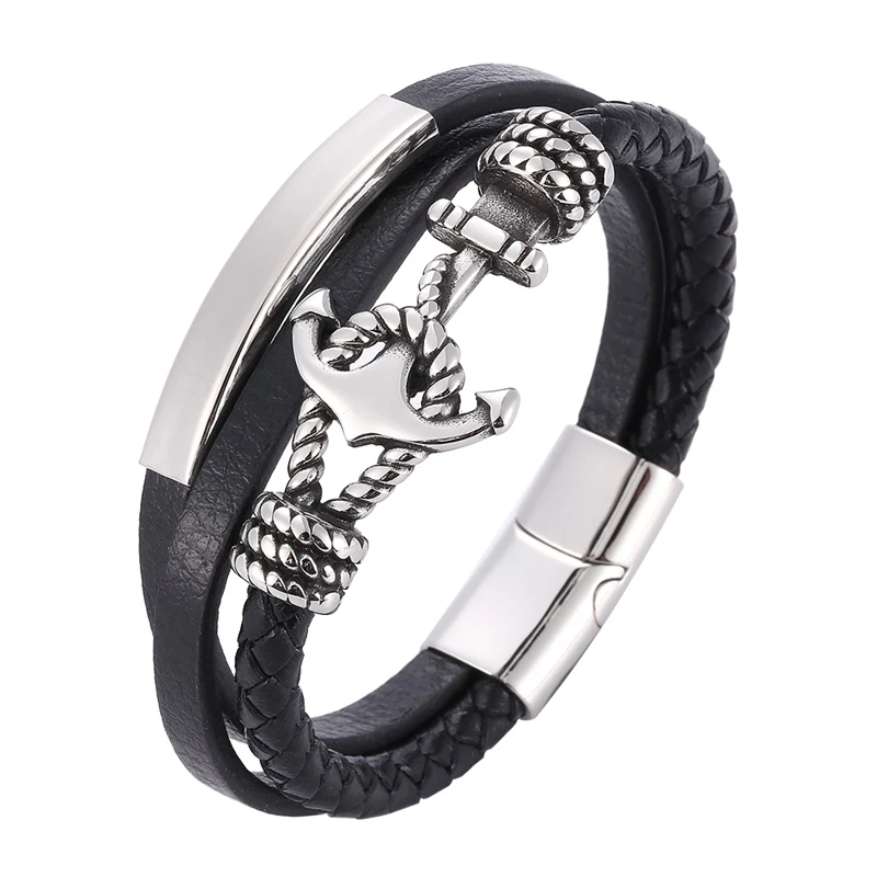 

New Black Multilayer Leather Bracelet Men Stainless Steel Anchor Magnetic Clasp Braided Leather Bangles Punk Rock Jewelry PD1087