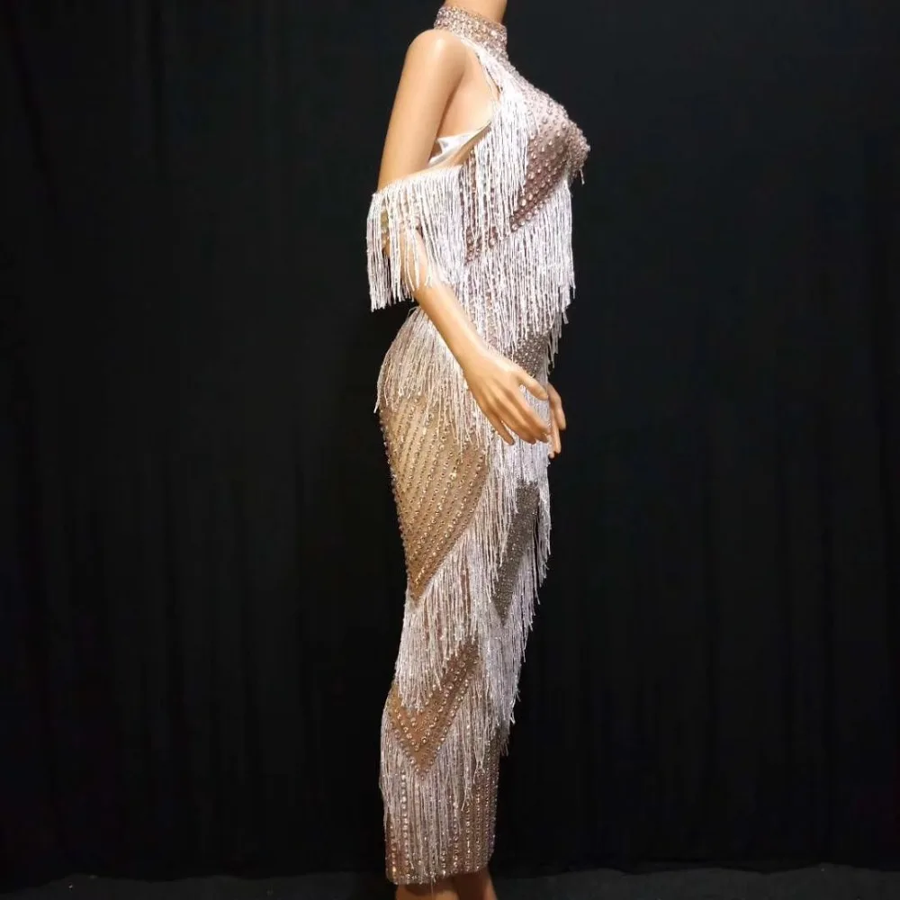 

Flashing Sequins Rhinestones White Fringes Dress Women'S Birthday Prom Celebrate Outfit Bar Evening Women Dancer Dress DQS3245