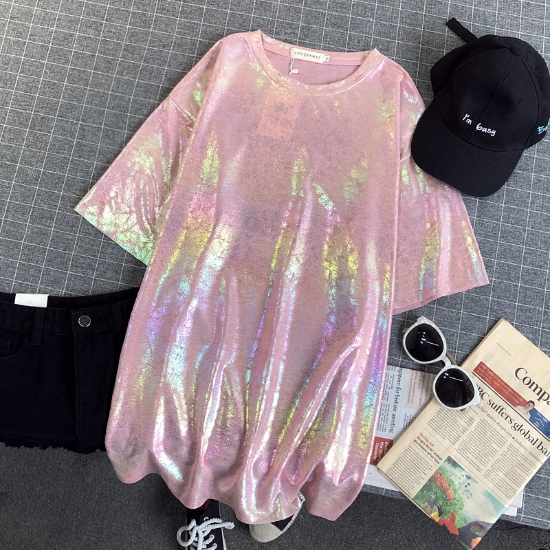 Топ в стиле хип хоп женские длинные футболки с коротким рукавом летние блестящие