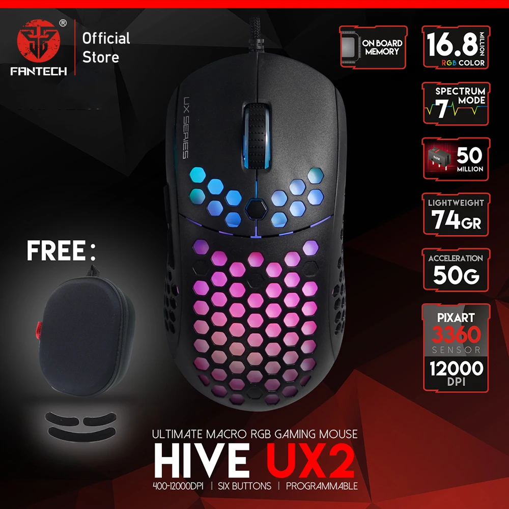 Игровая мышь FANTECH UX2 легкая сотовая оболочка 74G и PIXART 3360 500 до 12000 DPI RGB Марко для ПК