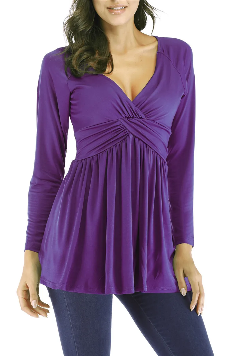 

2021 New Trendy Fashion Shirts Spring Women's Pleated Loose Long Sleeved Top Lady Sexy Deep V Low-cut Cotton T-shirt