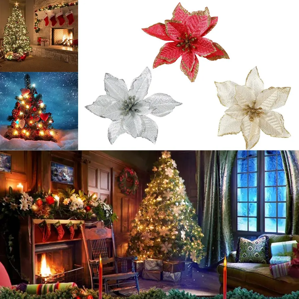 

Декоративный цветок, Рождественский Блестящий искусственный цветок, украшение для рождественской елки, вечерние 2022, Новогоднее украшение, ...