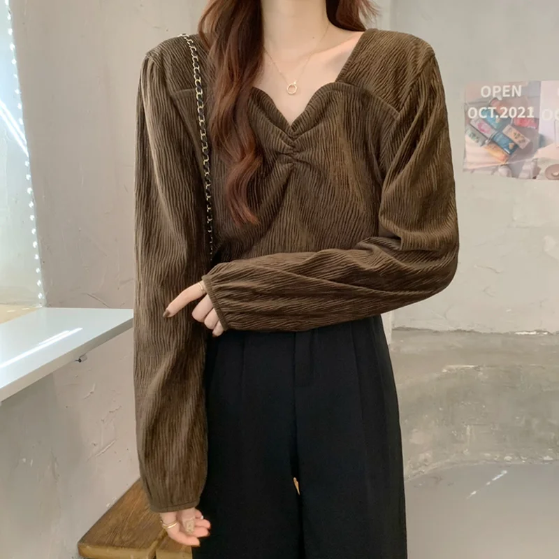 French Pleated Square Neck Long Sleeve Shirt Women's Clothing Spring Autumn 2021 Design Sense Short Chic Top Rac | Женская одежда