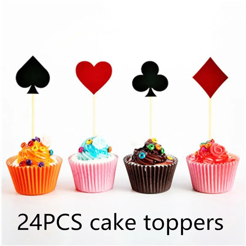 24PCS cake topper Вечерние принадлежности для украшения игральных карт, одноразовые столовые приборы, набор баннеров, воздушных шаров для взрослых, игрушки для покера, вечерние украшения - Цвет: 24PCS cake topper