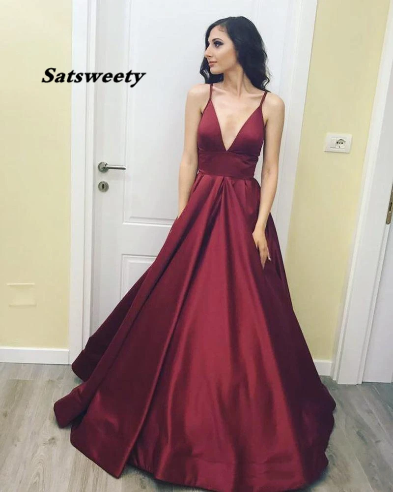 

Sexy Burgundy Simple Taffeta Prom Dress Spaghetti Straps Deep V Neck Ball Gown Party Gown Backless Zip Formal Evening Dress