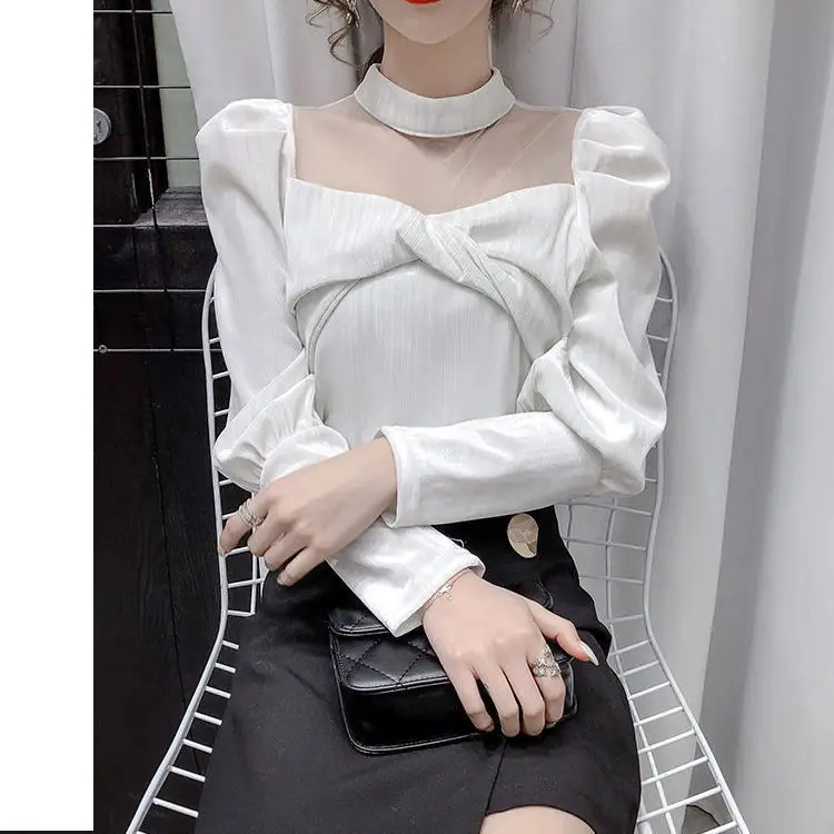 

Top Women's Slim Long Sleeve Shirt 2021 Spring New Sweet Little Fresh Stitching Fake Two Pieces of Velvet Shirt