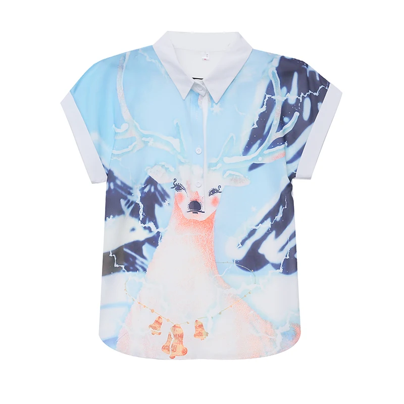 

Chiffon Loose Women's Shirts New Fashion Blouses Printing Buttons Polo Shirts Summer Casual Short Sleeve Blusas Houthion