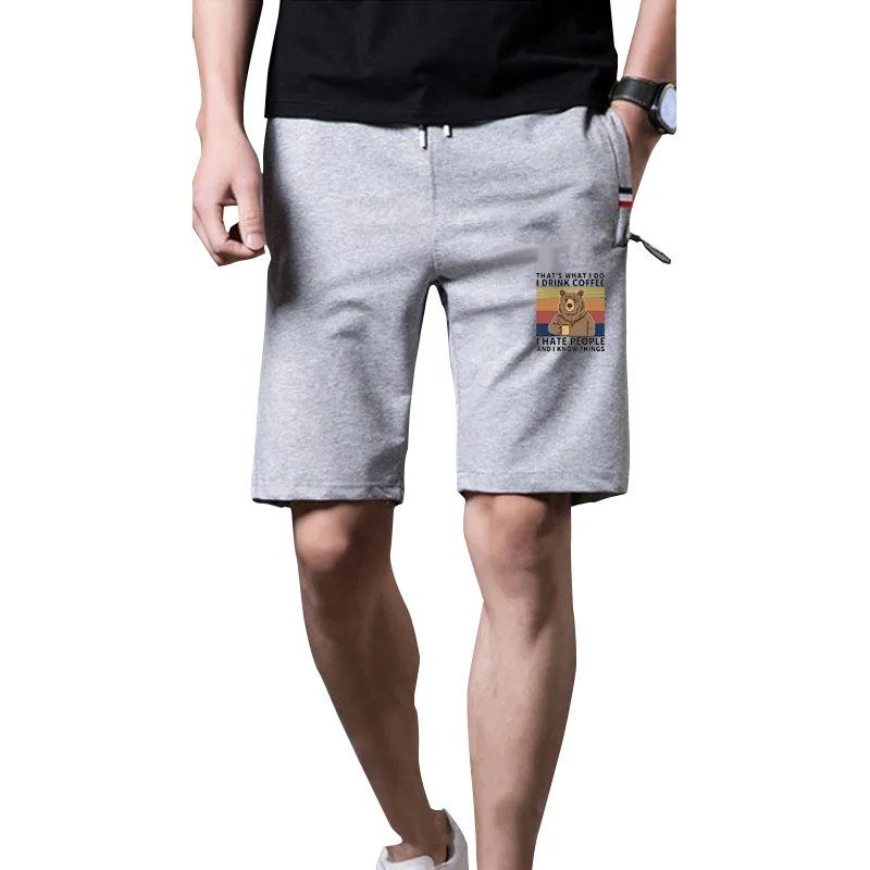 

Summer Men's Knee Length Shorts THAT'S WHAT I DO DRINK COFFEE Cartoon Bear Printing Casual Fitness Zipper Pocket Male Sweatpants