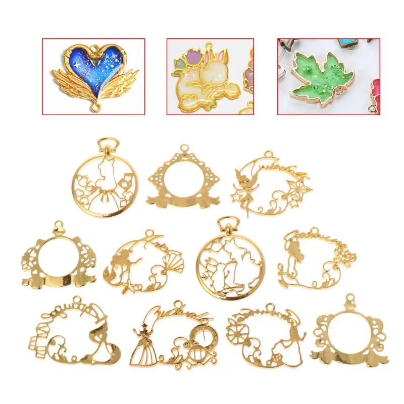 

11 Pcs/Set DIY Epoxy Resin UV Resin Metal Frame Cartoon Castle Shape Creative Pendant Holder Hollow Jewelry Findings Charms
