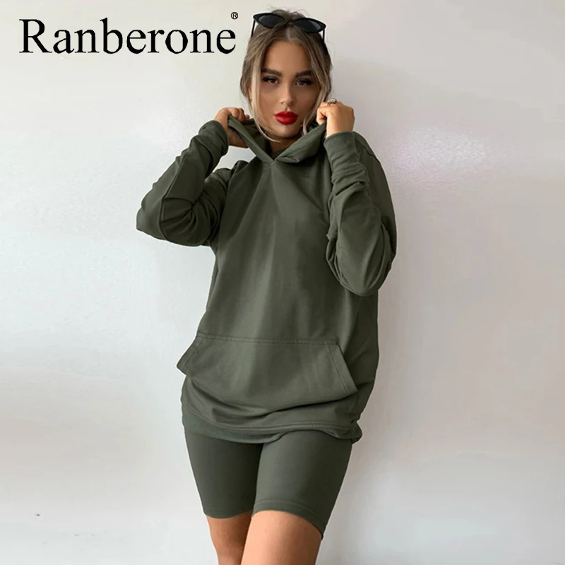 Ranberone Hoodies Pants 2 Piece Set Women Solid Color Tracksuit Long Sleeve Sweatshirt And Sweatpants Suit Female 2020 New